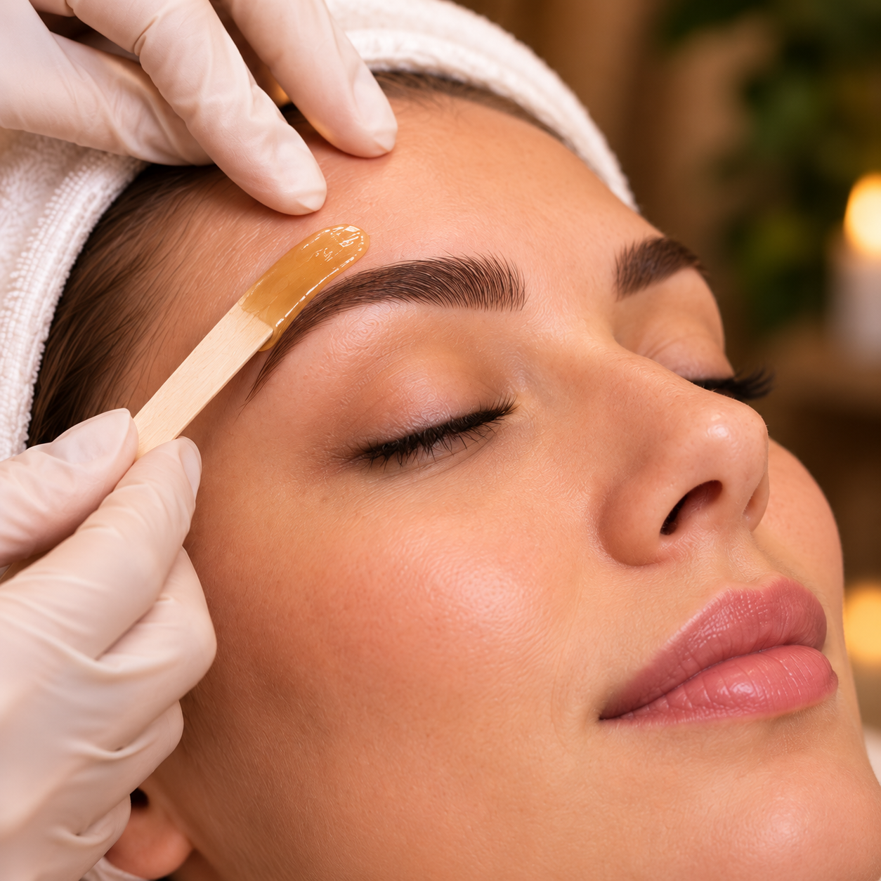 Woman receiving a professional brow waxing treatment