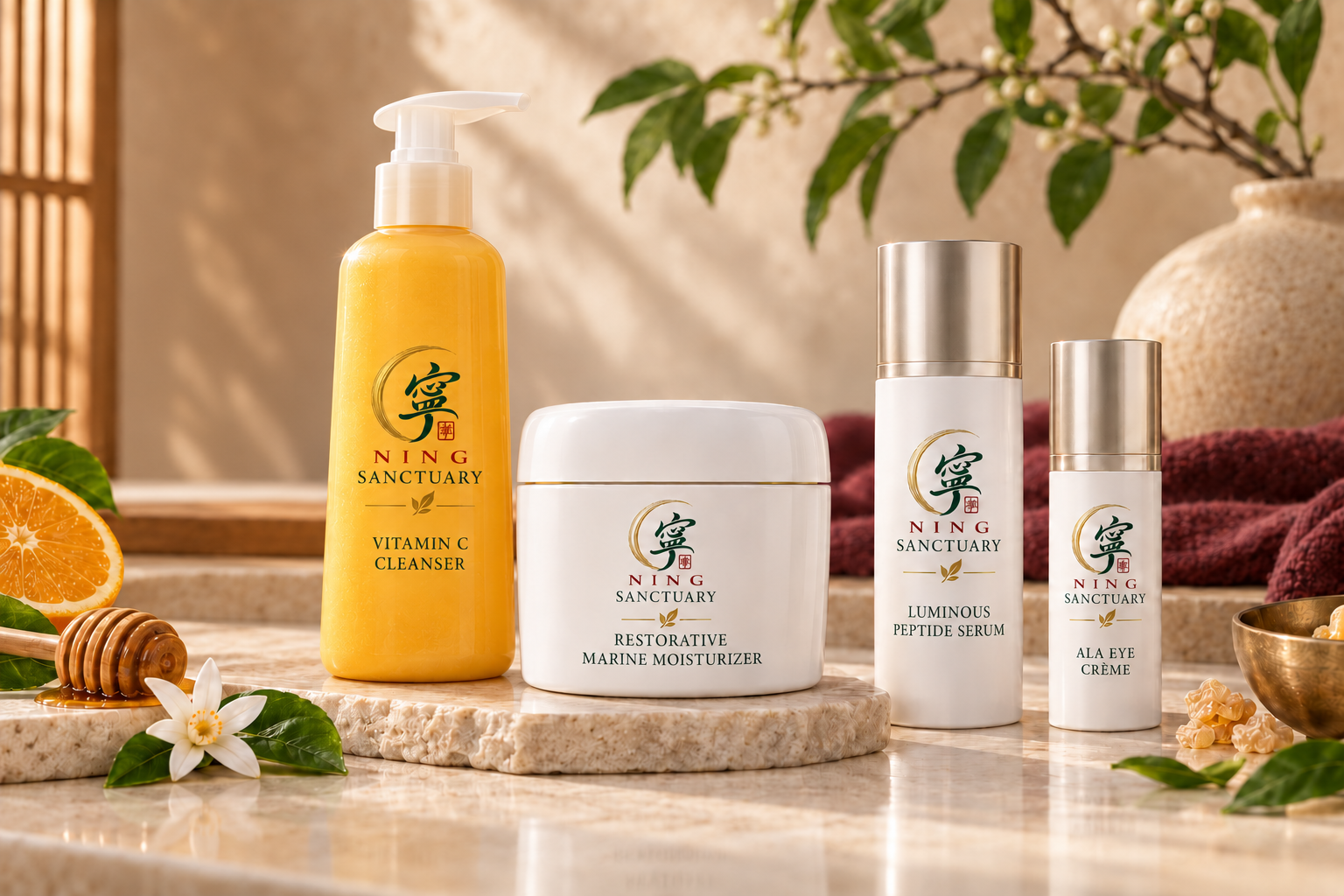 Ning Sanctuary skincare products displayed in the studio
