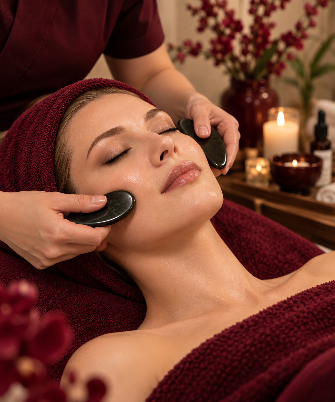 Woman receiving a facial treatment with a gua sha stone