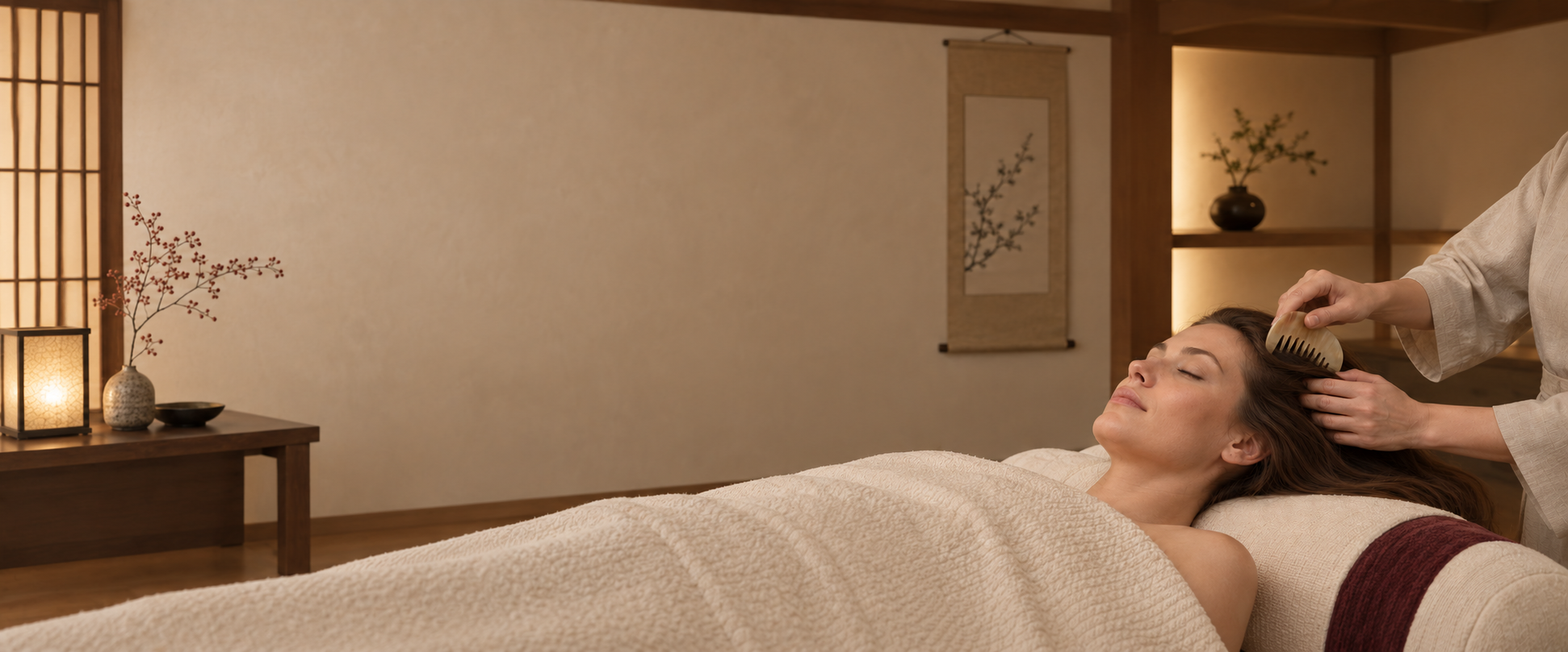 Woman receiving a relaxing head spa and scalp treatment from a therapist