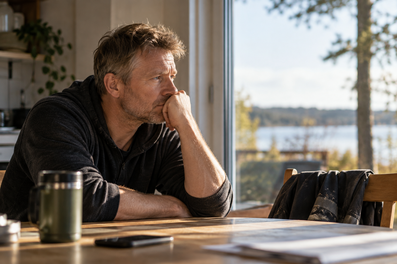 Håndværker med stress og tankemylder efter en belastende arbejdsdag