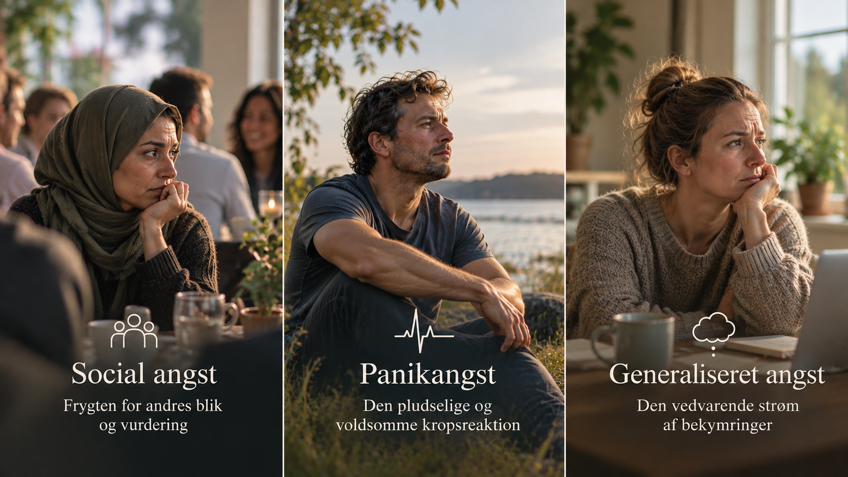 Tre forskellige former for angst - social angst, panikangst og generaliseret angst