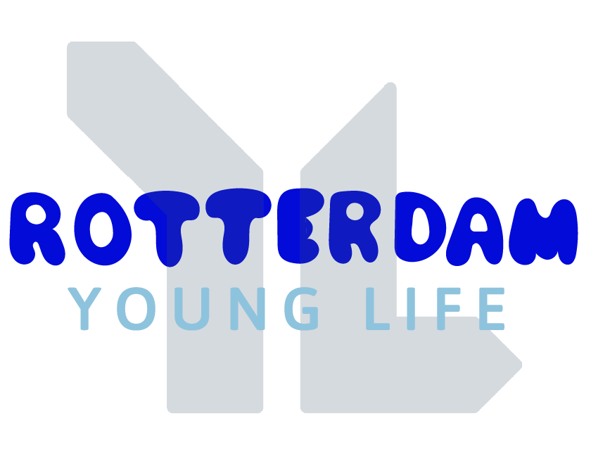 Logo with large stylized arrow shapes and text saying 'ROTTERDAM YOUNG LIFE' in blue and light blue fonts.