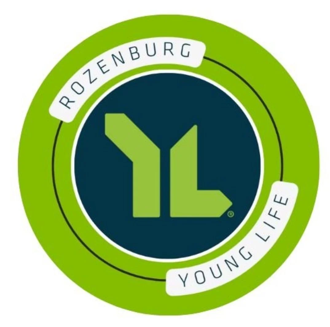 Logo for the YL Young Life organization 'Rozenburg" , featuring green and dark blue colors, with the words 'ROZENBURG' at the top and 'YOUNG LIFE' at the bottom in white tags.