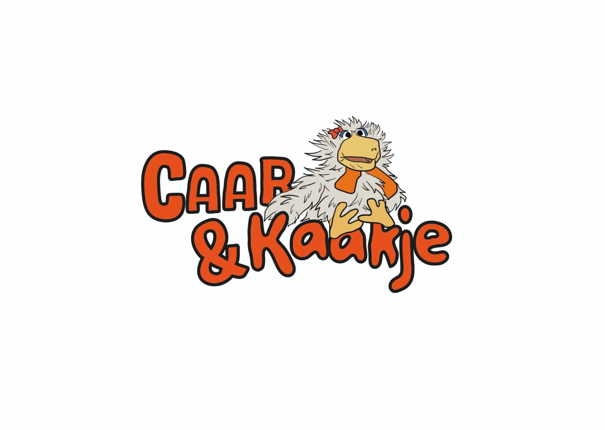 Cartoon of a bird with fluffy white feathers, wearing glasses and a bow on its head, surrounded by colorful text that says 'Caar & Kaakje'.