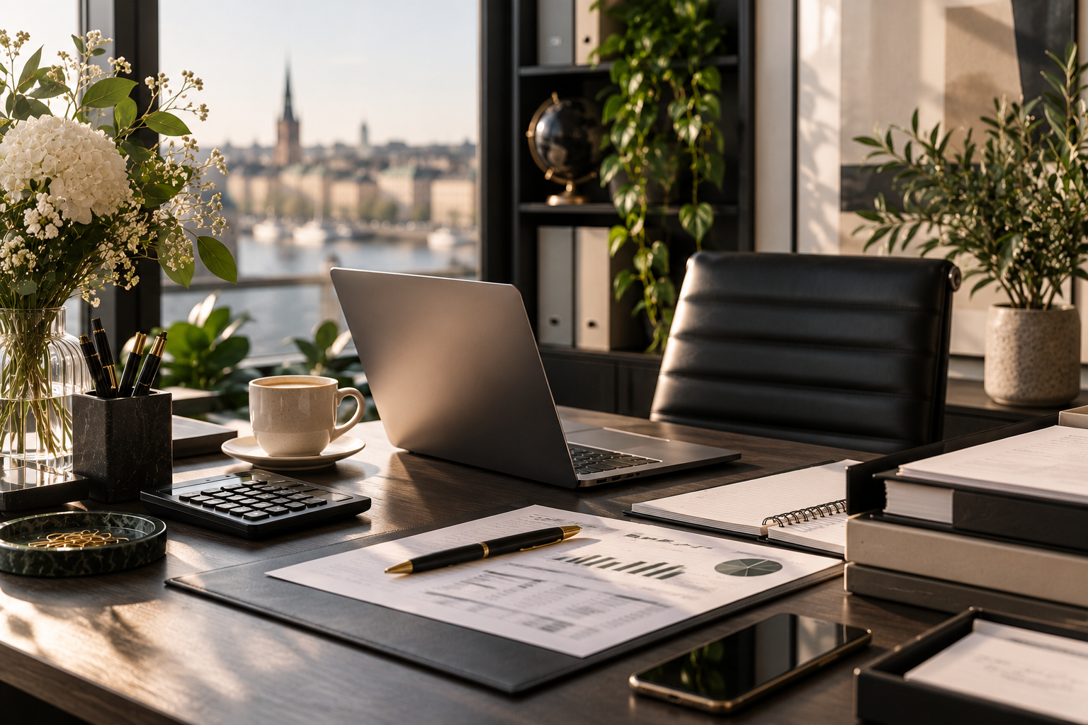 Ett kontorsbord med laptop, kaffekopp, dokument, penna och kalkylator, med utsikt över vattnet och stadssilhuett genom stora fönster, omgiven av växter.