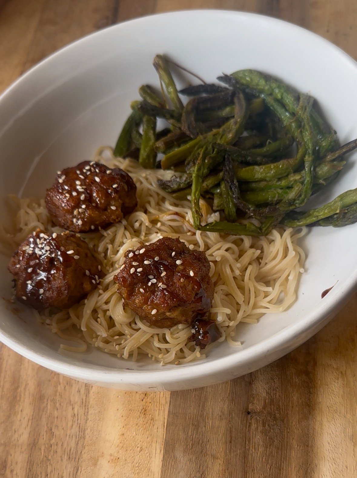 Orange Chicken Meatballs w/ Ramen &amp; Roasted Asparagus