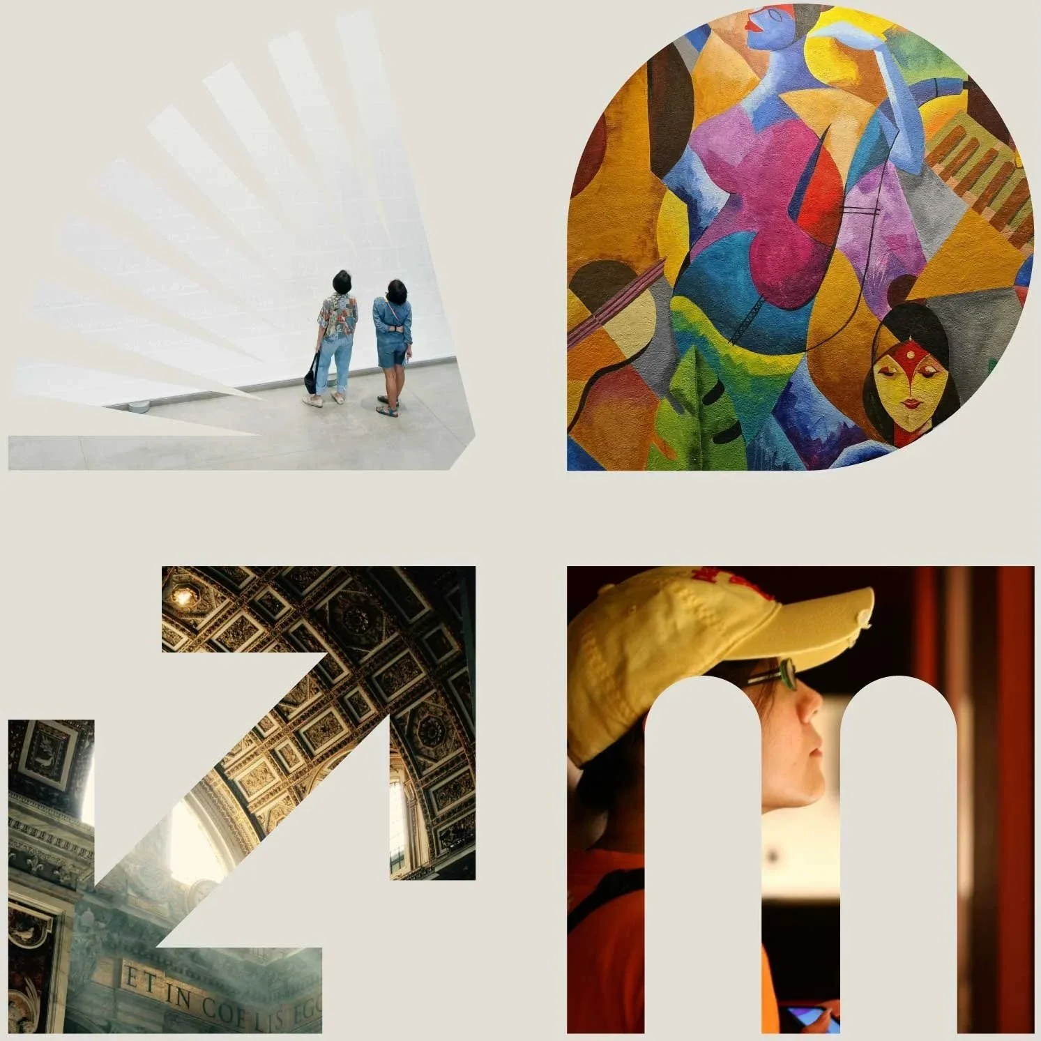 Collage of art, architecture, and people in the museum.