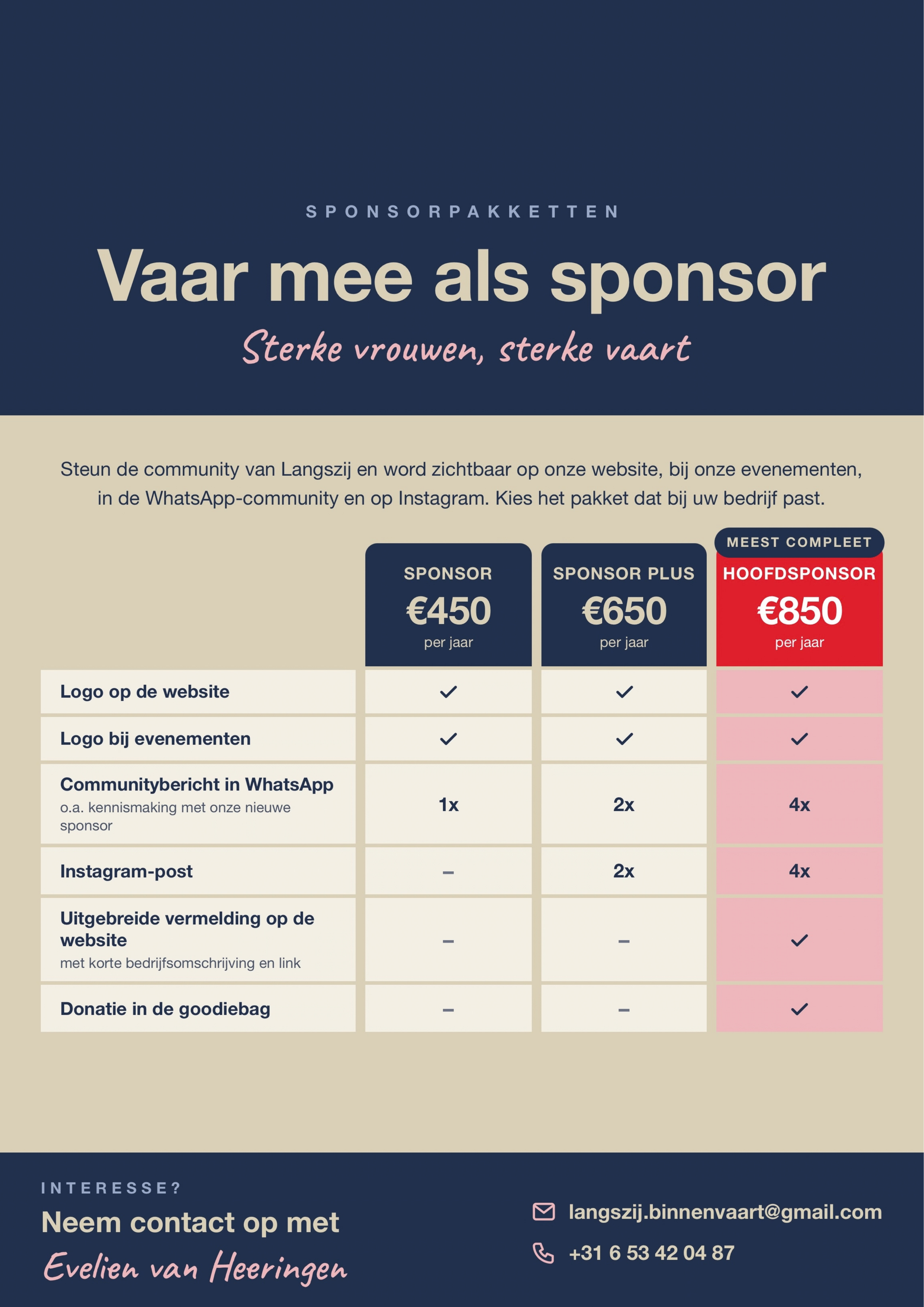 Voorbeeld met verschillende sponsorpakketten en contactgegevens voor Evelien van Heeringen.