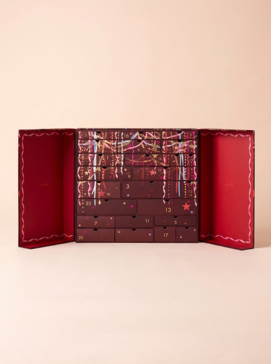 Open Boots Beauty advent calendar in purple and gold packaging