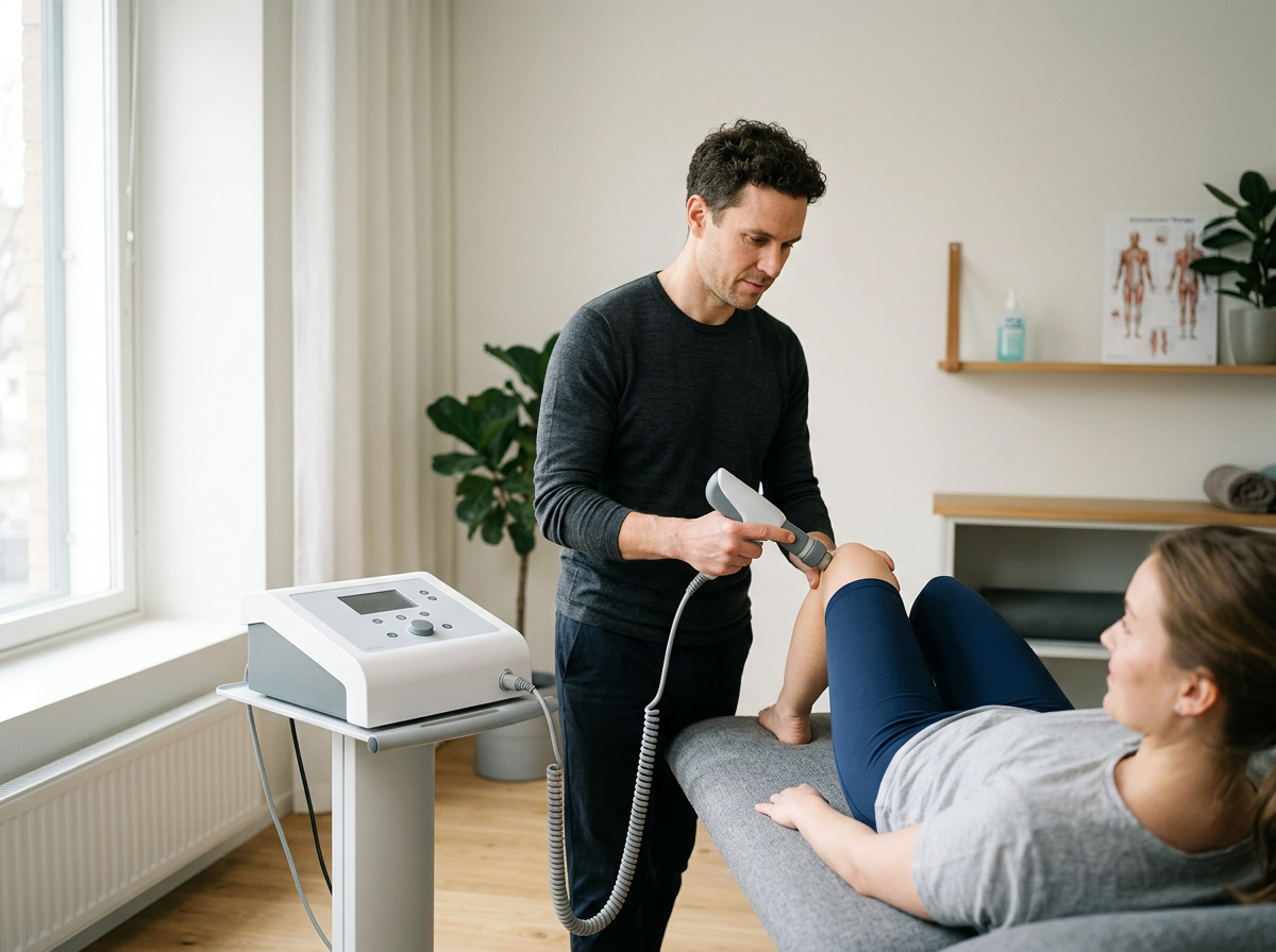 Fysioterapeutti hoitaa potilasta laserhoidolla hoitopöydällä terapiatilassa.