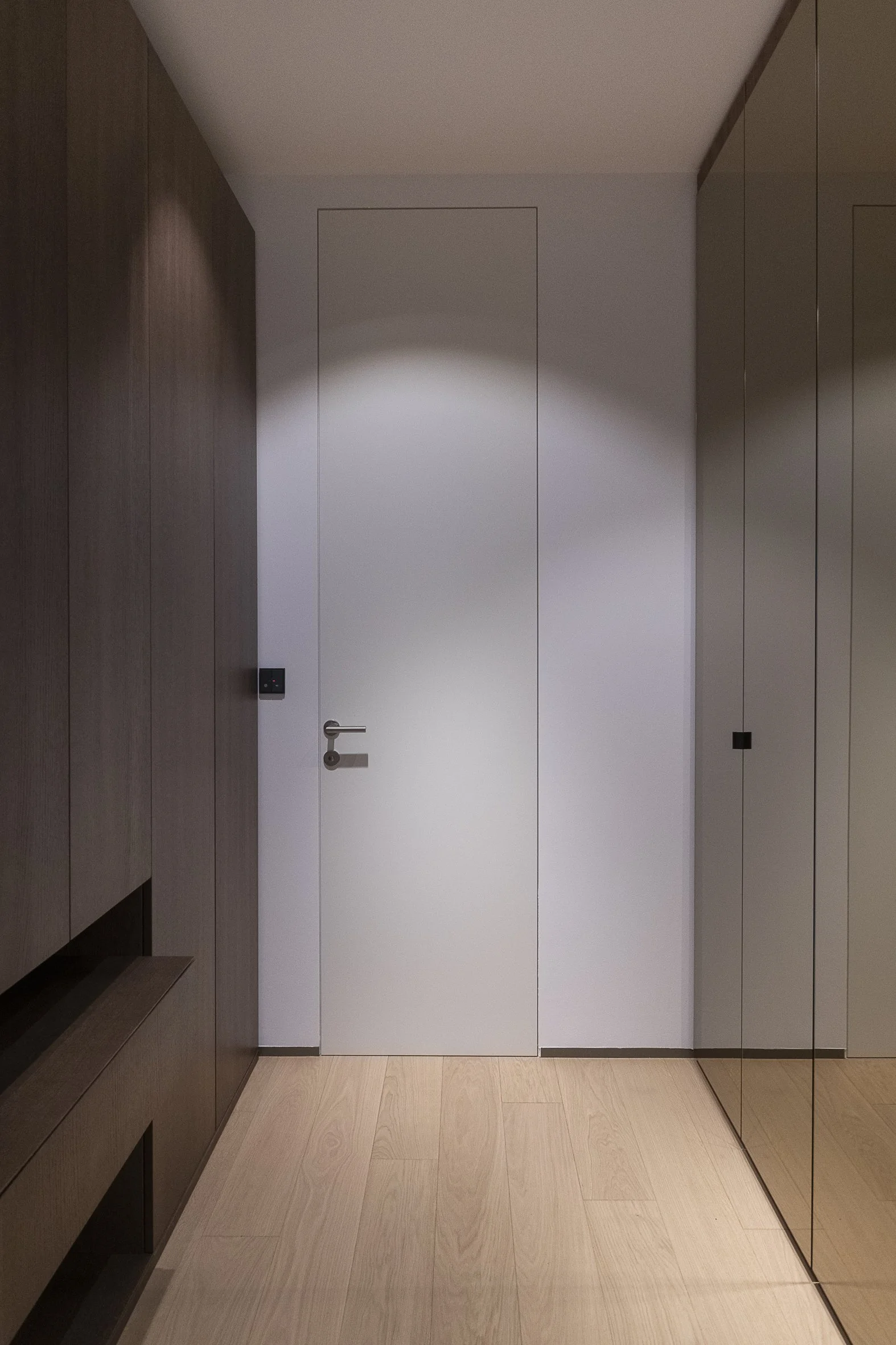 Minimalist interior space with a white door, dark wooden cabinetry on the left, and matching built-in storage on the right, with light-colored wooden flooring.