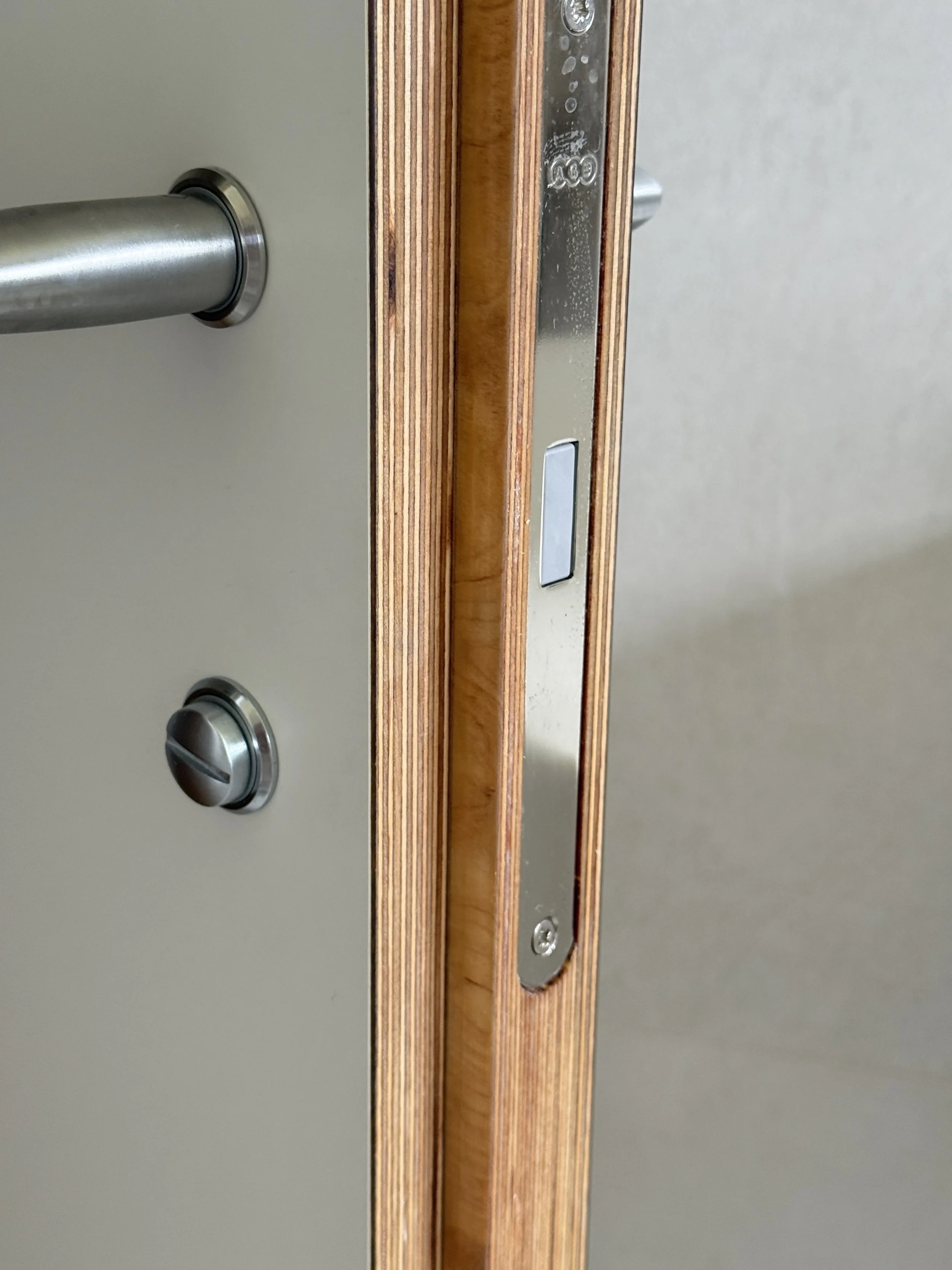 Close-up of a door latch with a metal handle, a metallic latch bolt, and a wooden door frame.