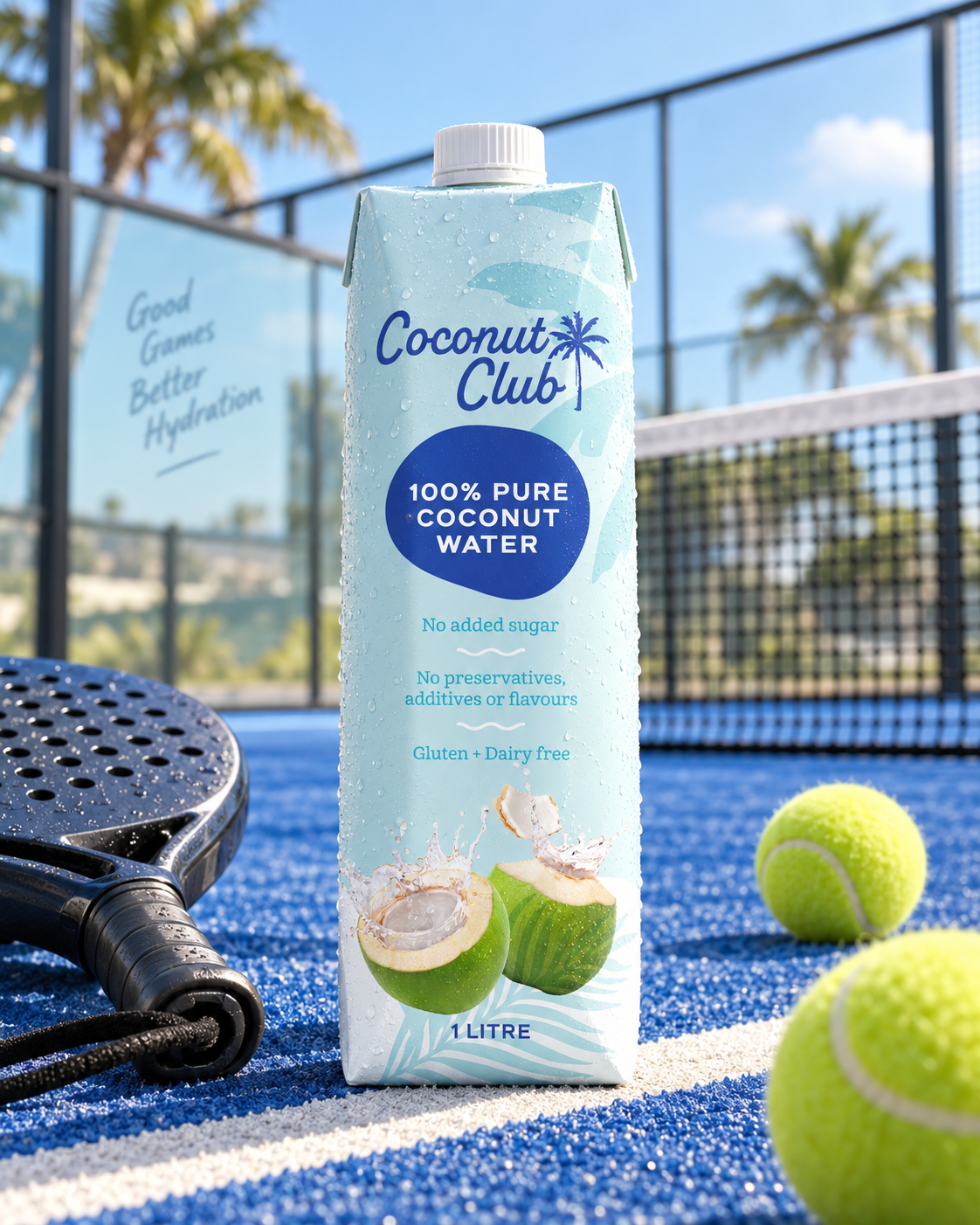 A carton of Coconut Club 100% pure coconut water on a tennis court with tennis balls and a racket nearby, under a sunny sky.
