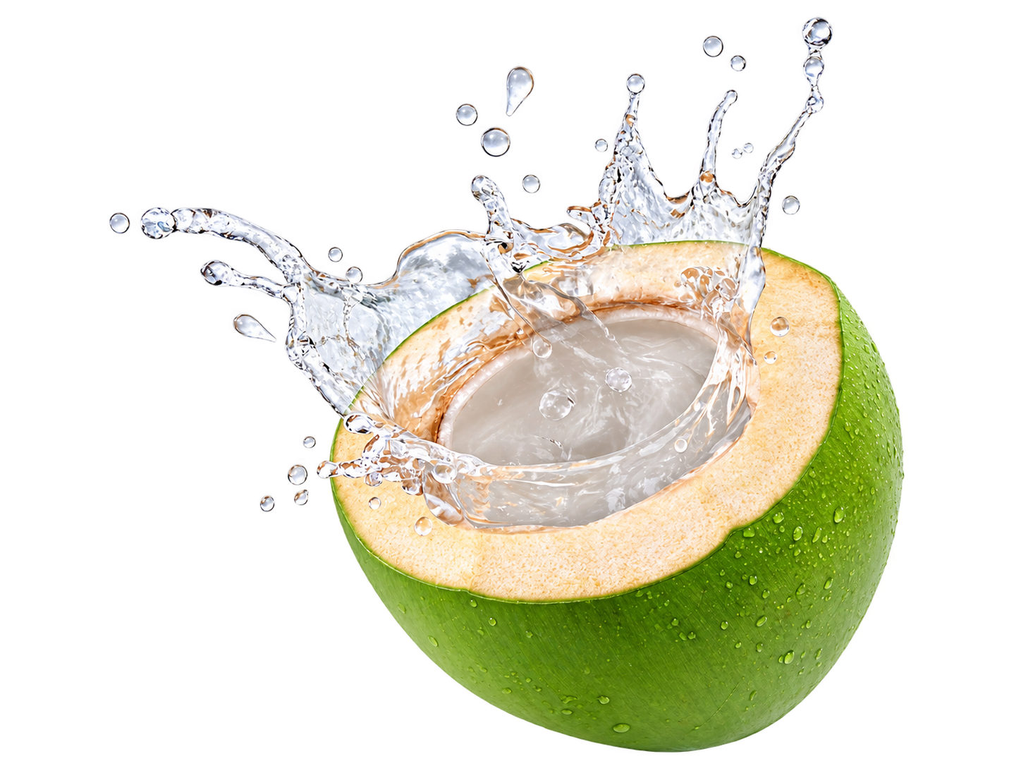 A green coconut with water splashing out of it.