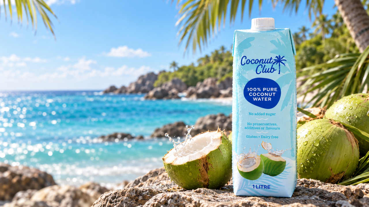 A carton of Coconut Club 100% pure coconut water with no added sugar, resting on a rocky beach with turquoise ocean water and palm trees in the background.