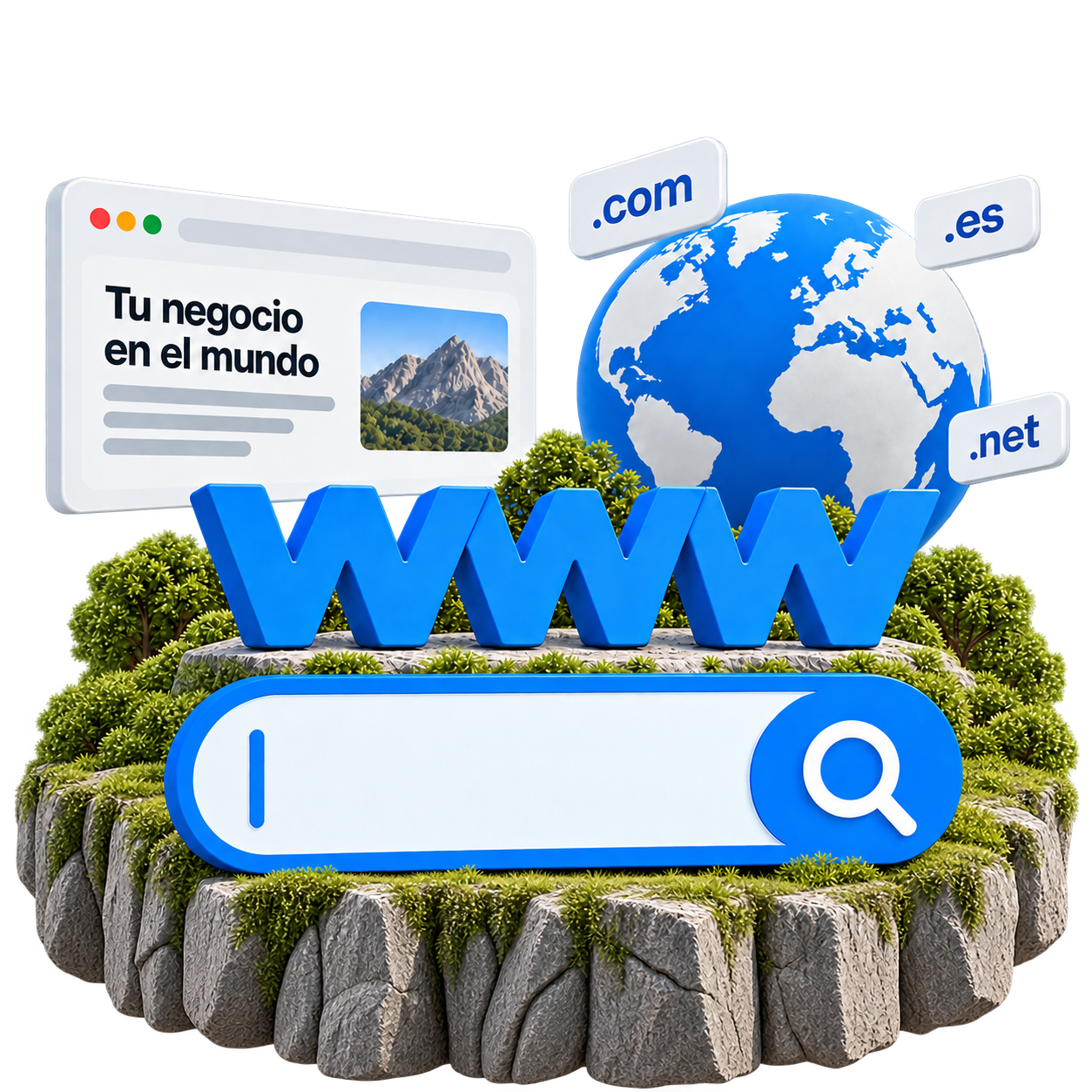 Una ilustración de un globo terráqueo con dominios de internet como .com, .es y .net, un bloque que dice 'www', un navegador web y una barra de búsqueda con una lupa, representando el mundo digital y la presencia en línea de negocios a nivel mundial.