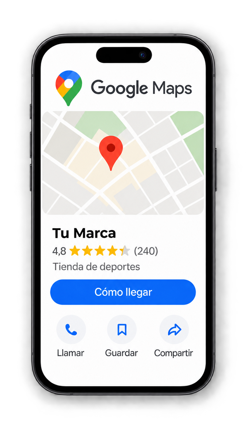 Pantalla de un teléfono móvil mostrando la aplicación Google Maps con un marcador rojo en un mapa y detalles de una tienda de deportes llamada 'Tu Marca' con calificación de 4.8 estrellas y opción para llegar.