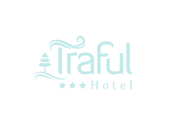 Logo del hotel Trafal con un árbol y olas en tonos azules sobre fondo negro
