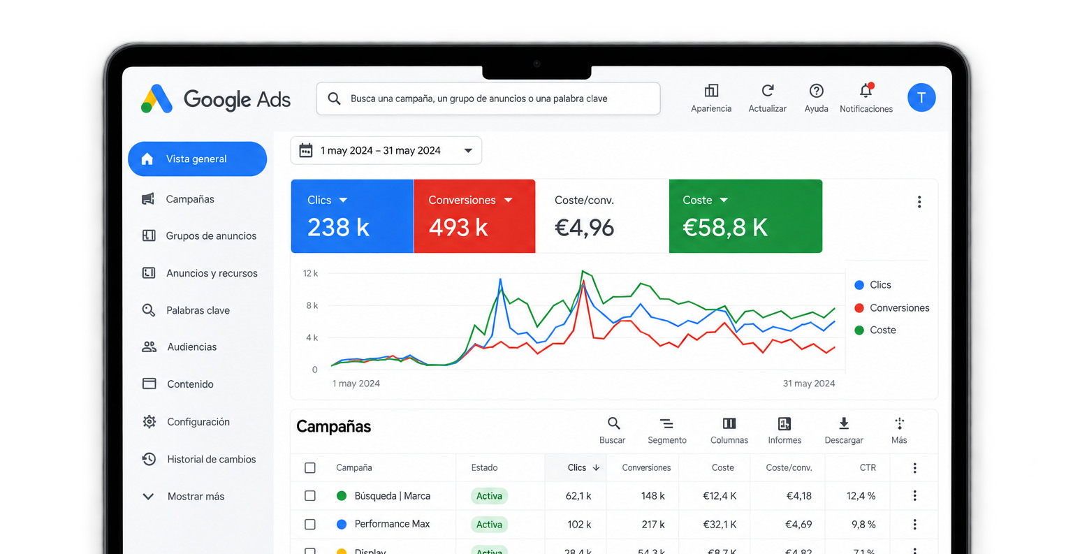 Pantalla de una computadora portátil mostrando la interfaz de Google Ads con gráficos y datos de campañas publicitarias, incluyendo clics, conversiones y costos, en el mes de mayo de 2024.