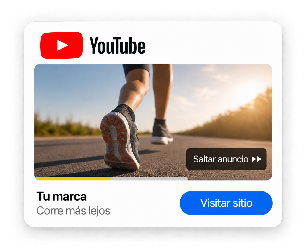 Anuncio en YouTube mostrando a una persona corriendo en la carretera al amanecer con botones para saltar el anuncio y visitar el sitio.