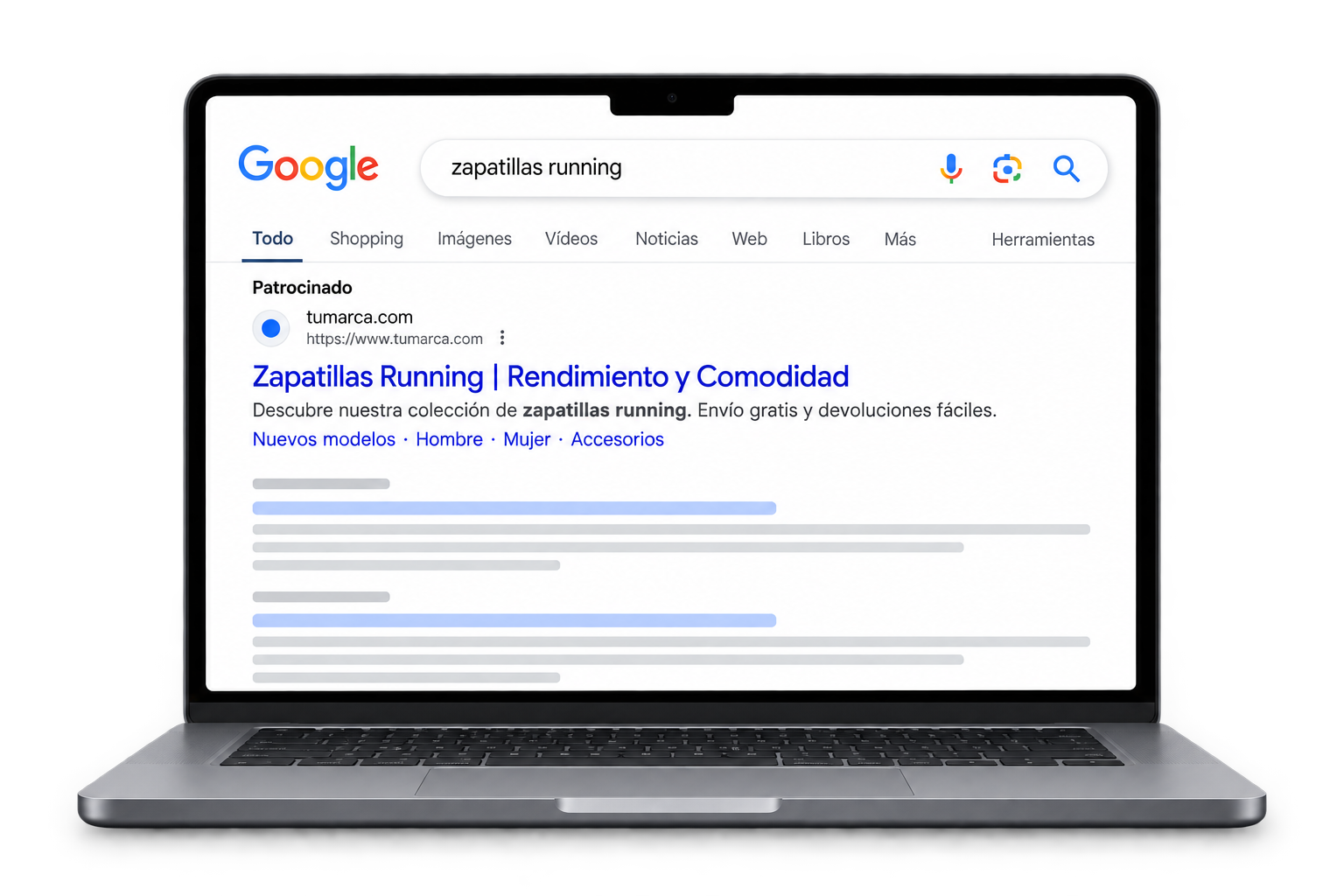Pantalla de computadora portátil con resultados de búsqueda en Google para la consulta 'zapatillas running'