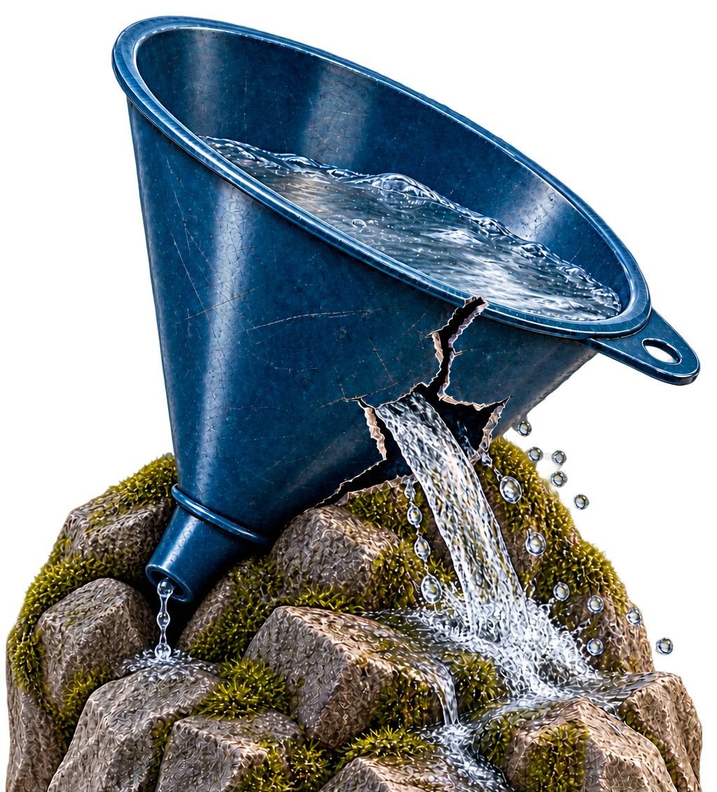 Un cubo de metal roto con agua fluyendo por su ruptura, colocado sobre piedras cubiertas de musgo.