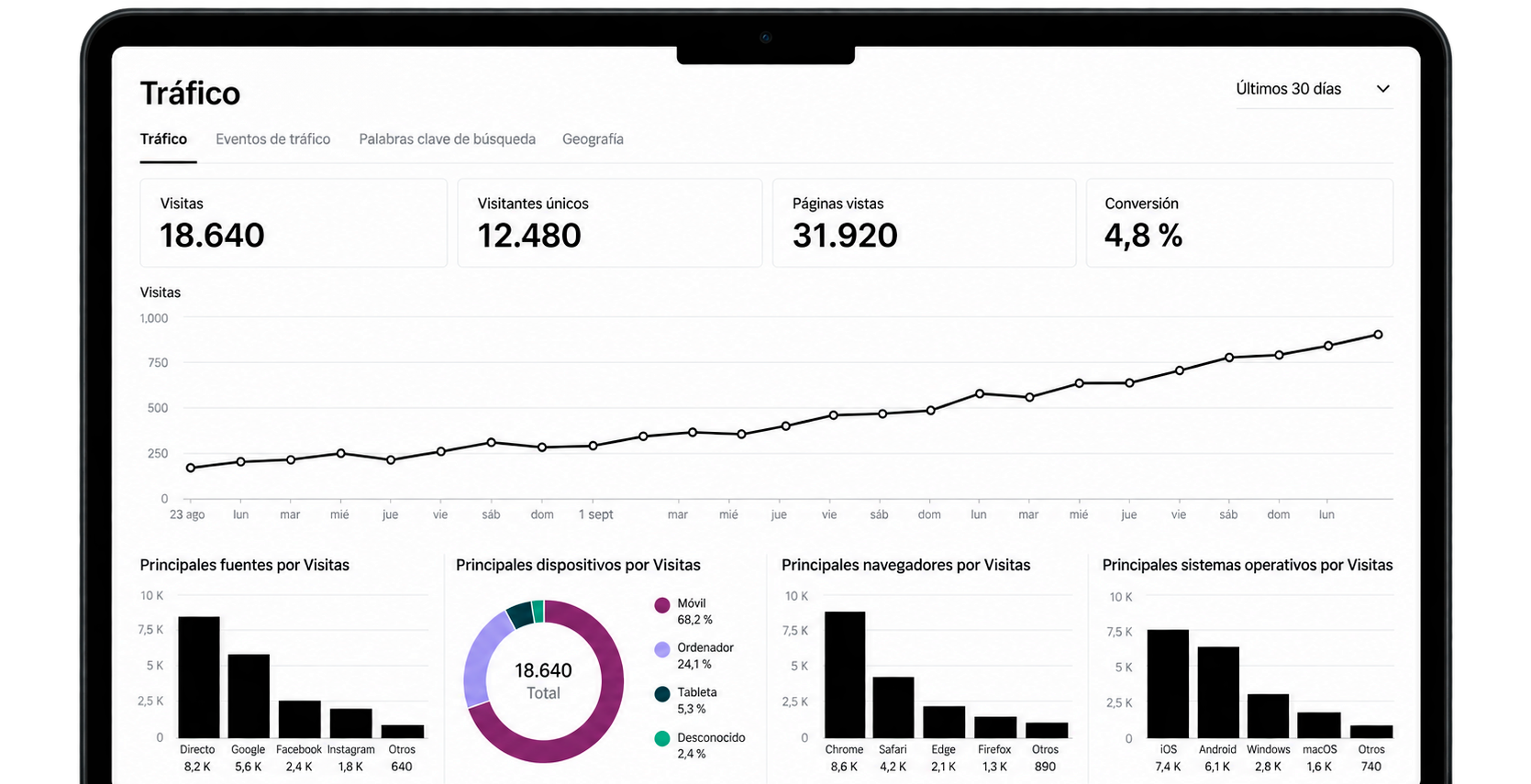 Pantalla de análisis de tráfico web mostrando estadísticas como visitas, visitantes únicos, páginas vistas y tasa de conversión, con gráficos y datos desglosados por fuente, dispositivo, navegador y sistema operativo en español.
