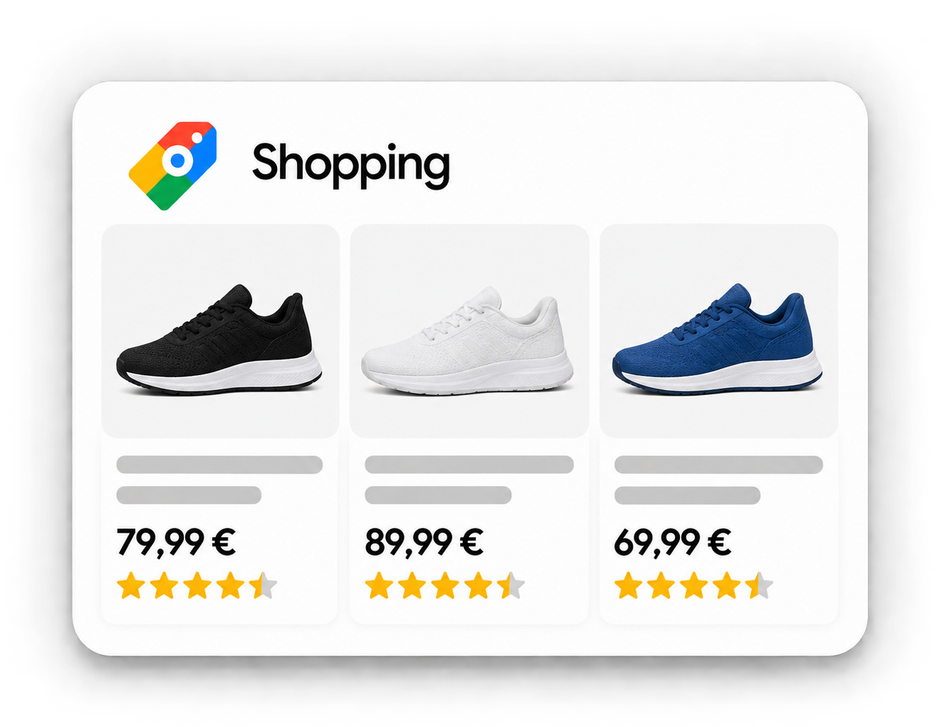 Pantallas de compra de zapatillas deportivas en línea con tres pares en diferentes colores, precios y valoraciones de estrellas.