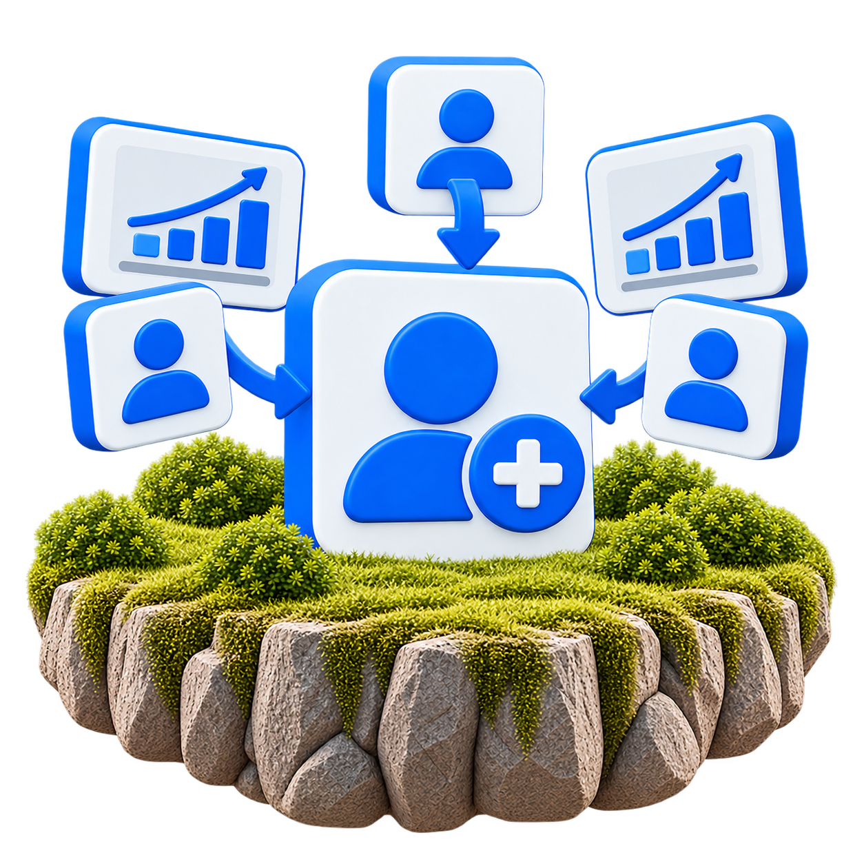 Icono de redes sociales con símbolos de crecimiento, usuarios y perfil, sobre un fondo de vegetación y mineralo, representando interacción y crecimiento en plataformas sociales.