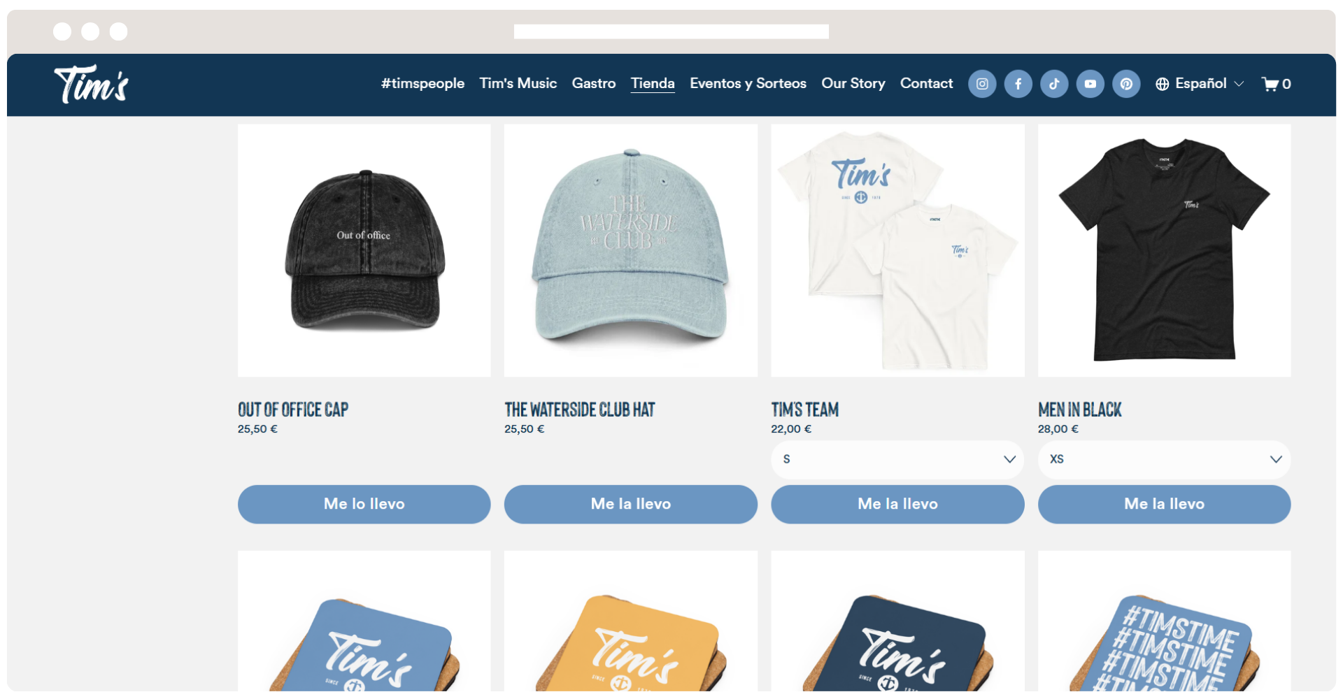 Pantalla de una tienda en línea que muestra diferentes productos de ropa y accesorios, incluyendo gorras, camisetas y otros artículos con el logo de 'Tim's'.