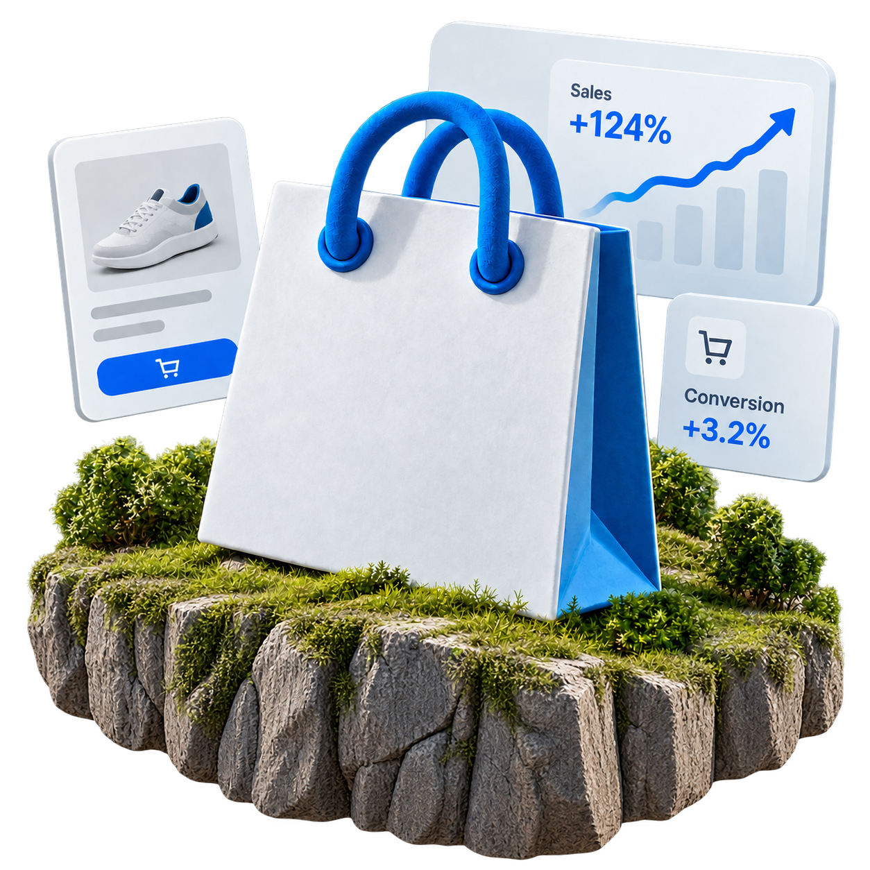 Ilustración de compras en línea con una bolsa y gráficas de aumento en ventas y conversión