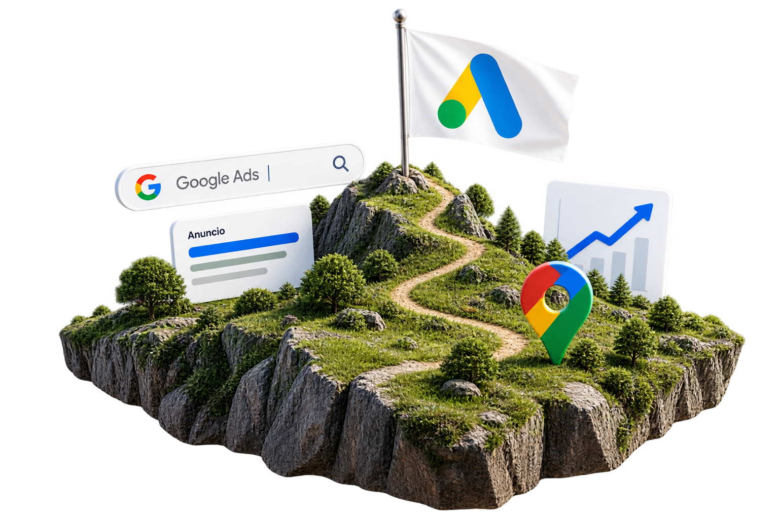 Montaña de césped y rocas con caminos pequeños, rodeada de árboles. En la cima, bandera con logo de Google Ads. Elementos digitales como gráficos ascendentes, un mapa de ubicación, un buscador de Google Ads y anuncios digitales alrededor.