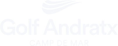 Logotipo de Golf Andratx, campamento de mar con una flecha curva en la parte superior