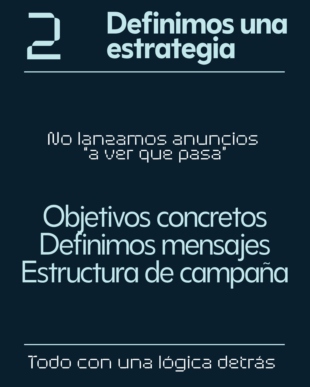 Cartel con título 'Definimos una estrategia' y texto que dice 'No lanzamos anuncios a ver qué pasa', seguido de puntos sobre objetivos concretos, definir mensajes y estructura de campaña. Pie de página: 'Todo con una lógica detrás'.