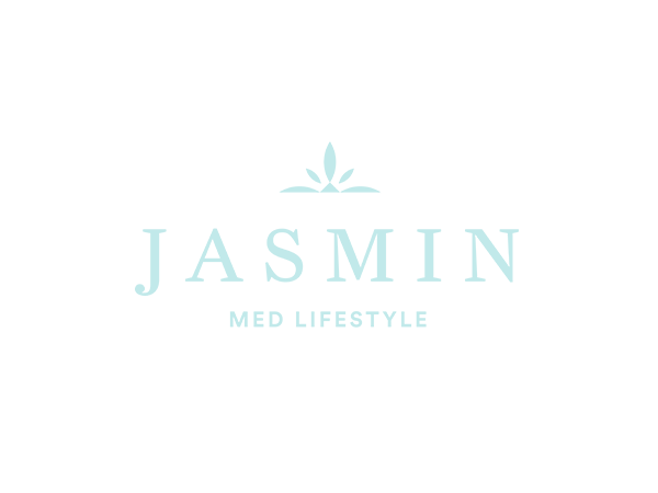 Logotipo con una flor de jazmín y texto que dice 'Jasmin Med Lifestyle' sobre fondo negro.