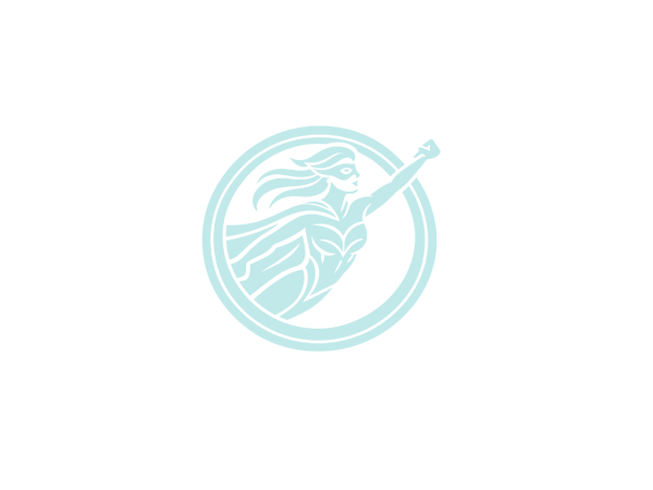 Logo de una figura femenina con cabello y vestido, levantando una mano, dentro de un círculo, en colores azul claro y negro.