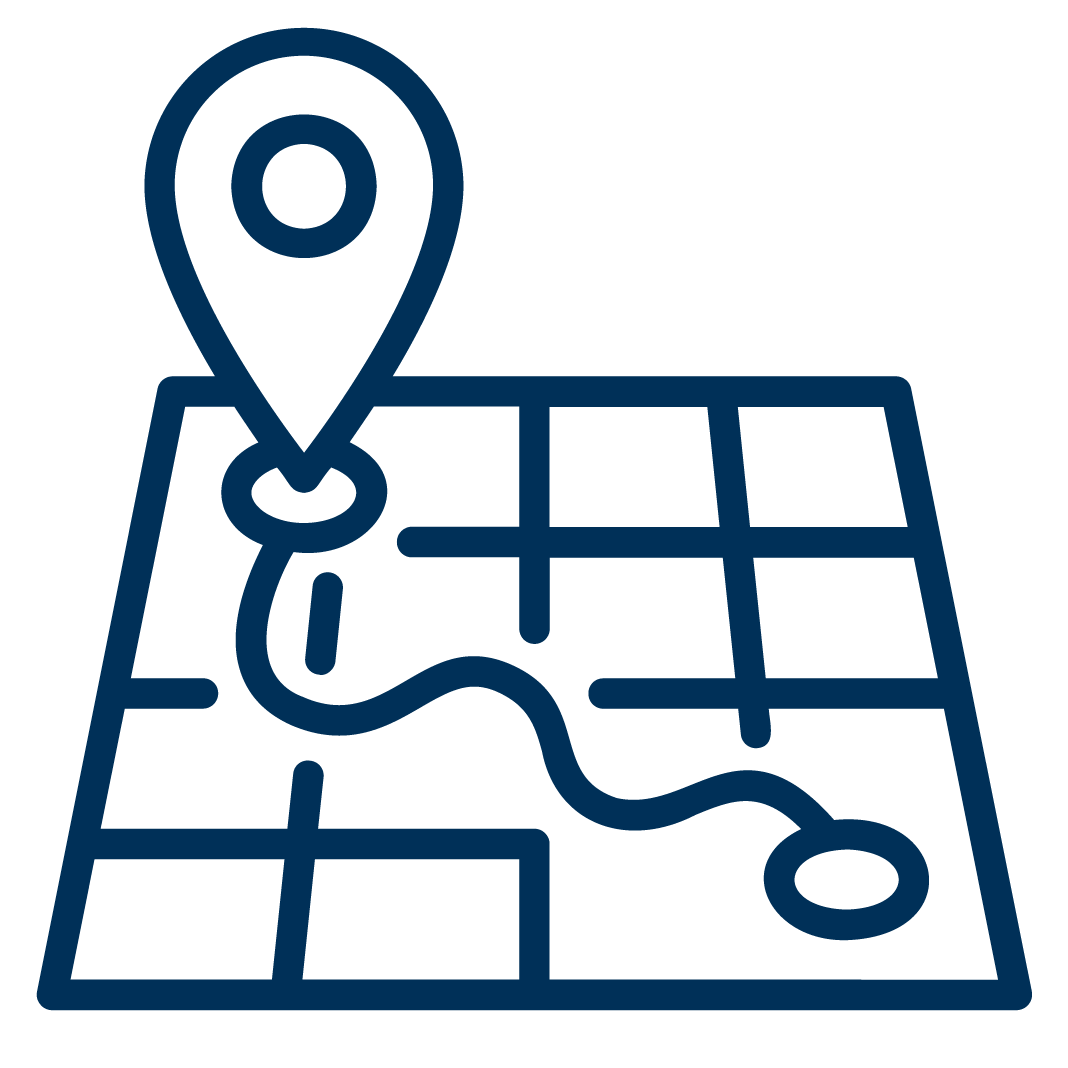 Map with a location pin indicating a specific spot on the map.