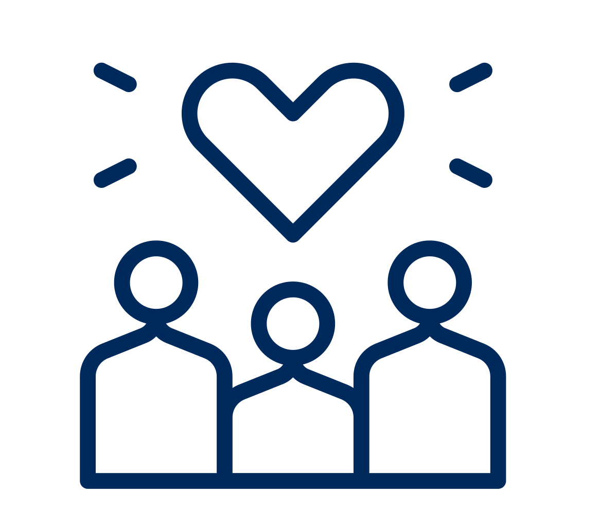 Illustration of three people with a heart above them, representing love or care.