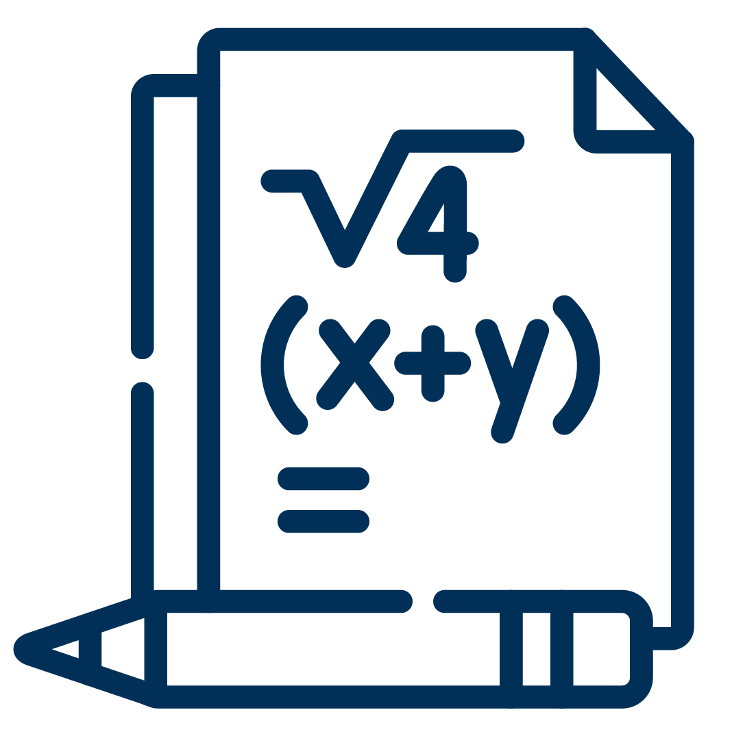 Illustration of a document with mathematical symbols, including a square root of four, a binomial expression (x + y), and a pencil at the bottom.