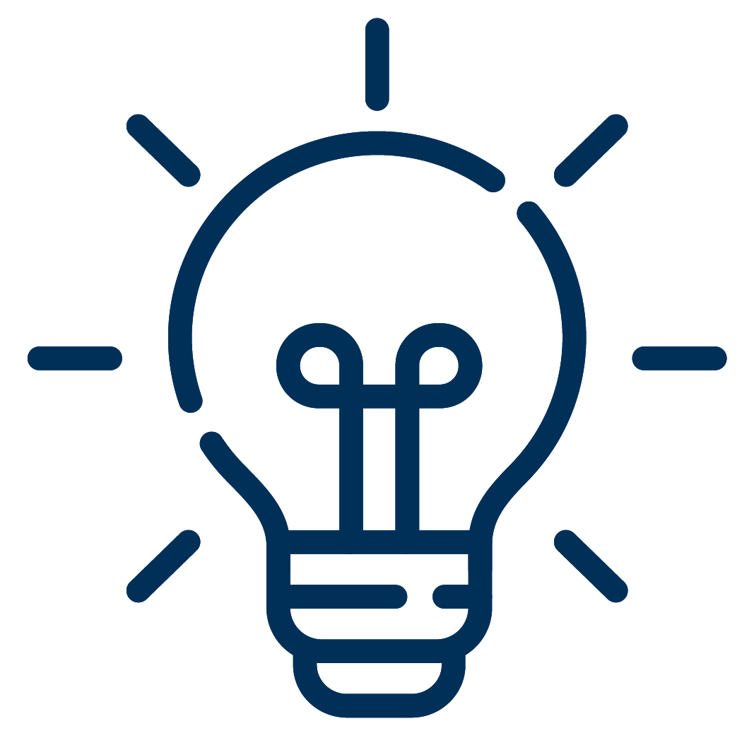 A dark blue outline of a lightbulb with rays emanating from it.