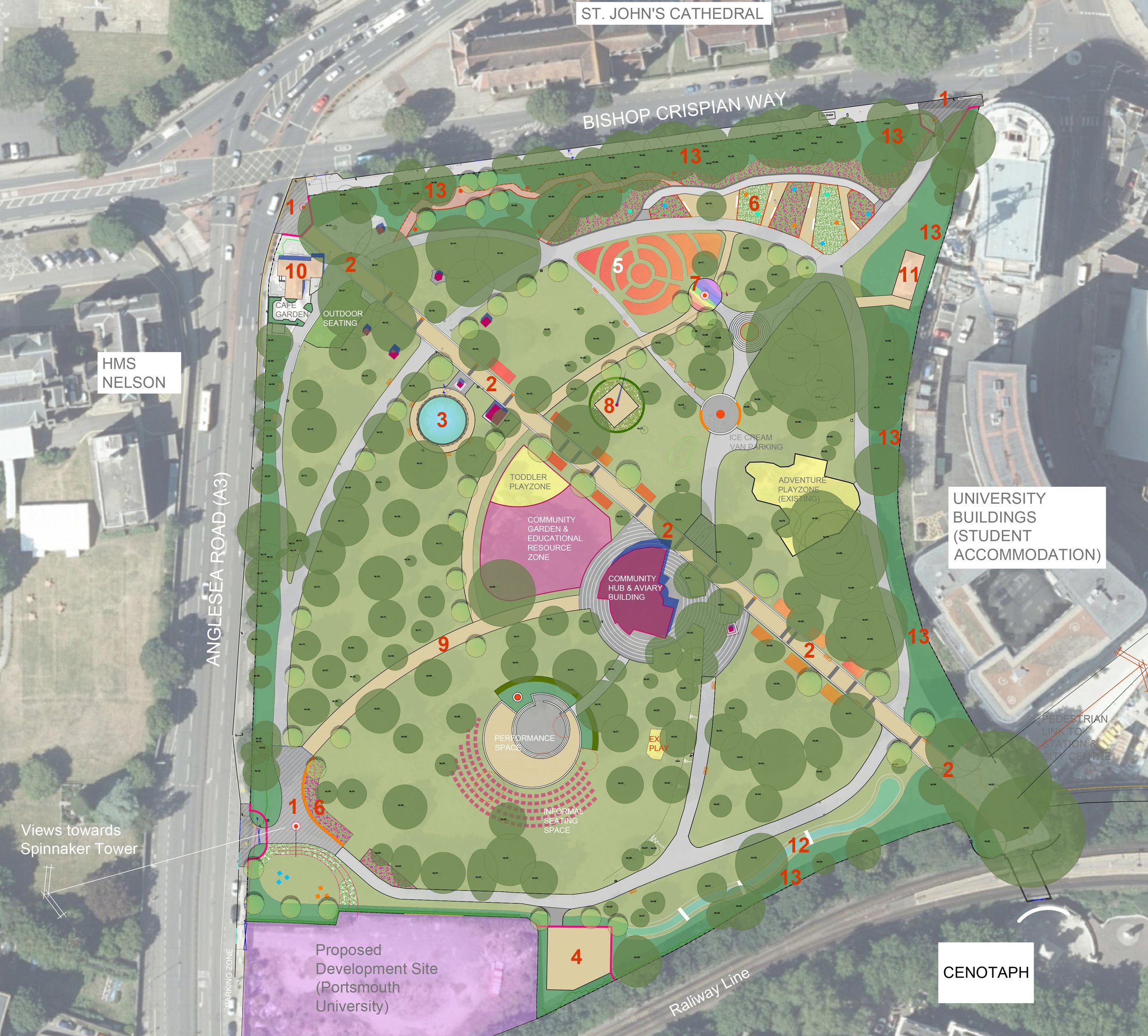 A site plan of a park or development area with labeled sections and pathways, showing green spaces, structures, and surrounding roads.