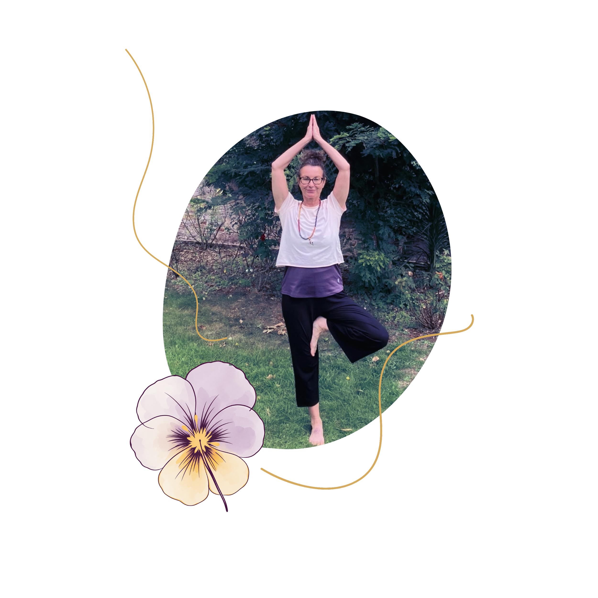 Jane of Heartsease practicing yoga outdoors in a garden, standing on one leg with hands in prayer position above her head, surrounded by lush greenery and flowers.