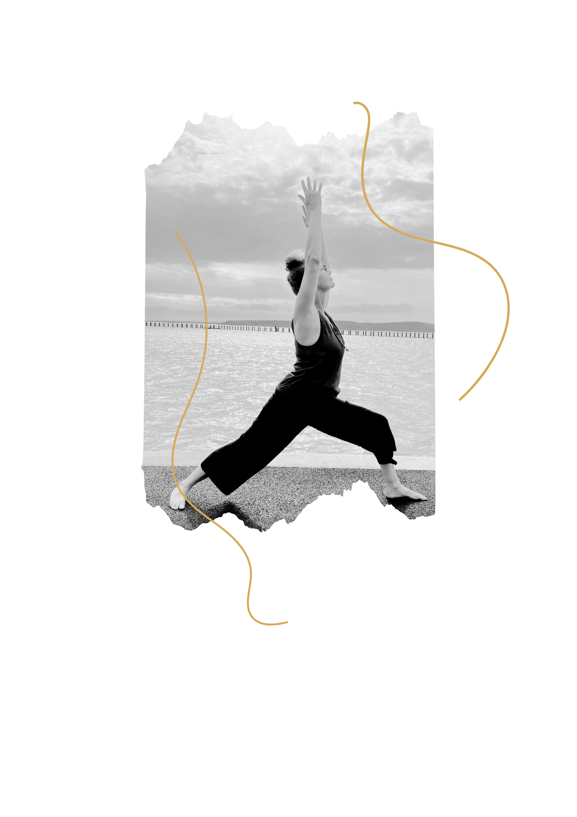 Jane of Heartsease practicing yoga outdoors on a beach, performing warrior pose with one arm extended upward and the other arm down, against a cloudy sky and calm water