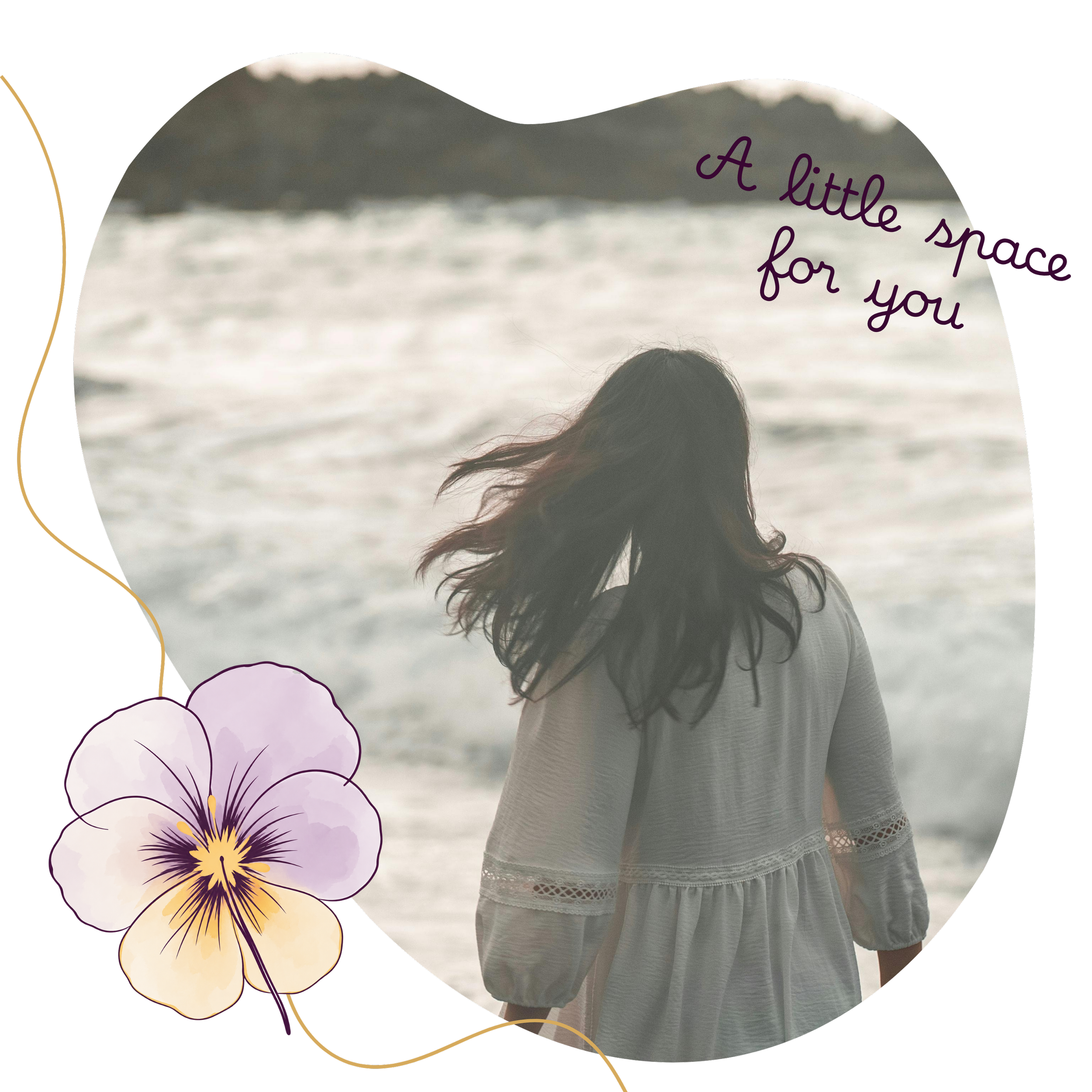 A person with long dark hair standing on a beach with ocean waves in the background, wearing a light-colored dress with lace details, accompanied by a decorative purple and yellow flower illustration.