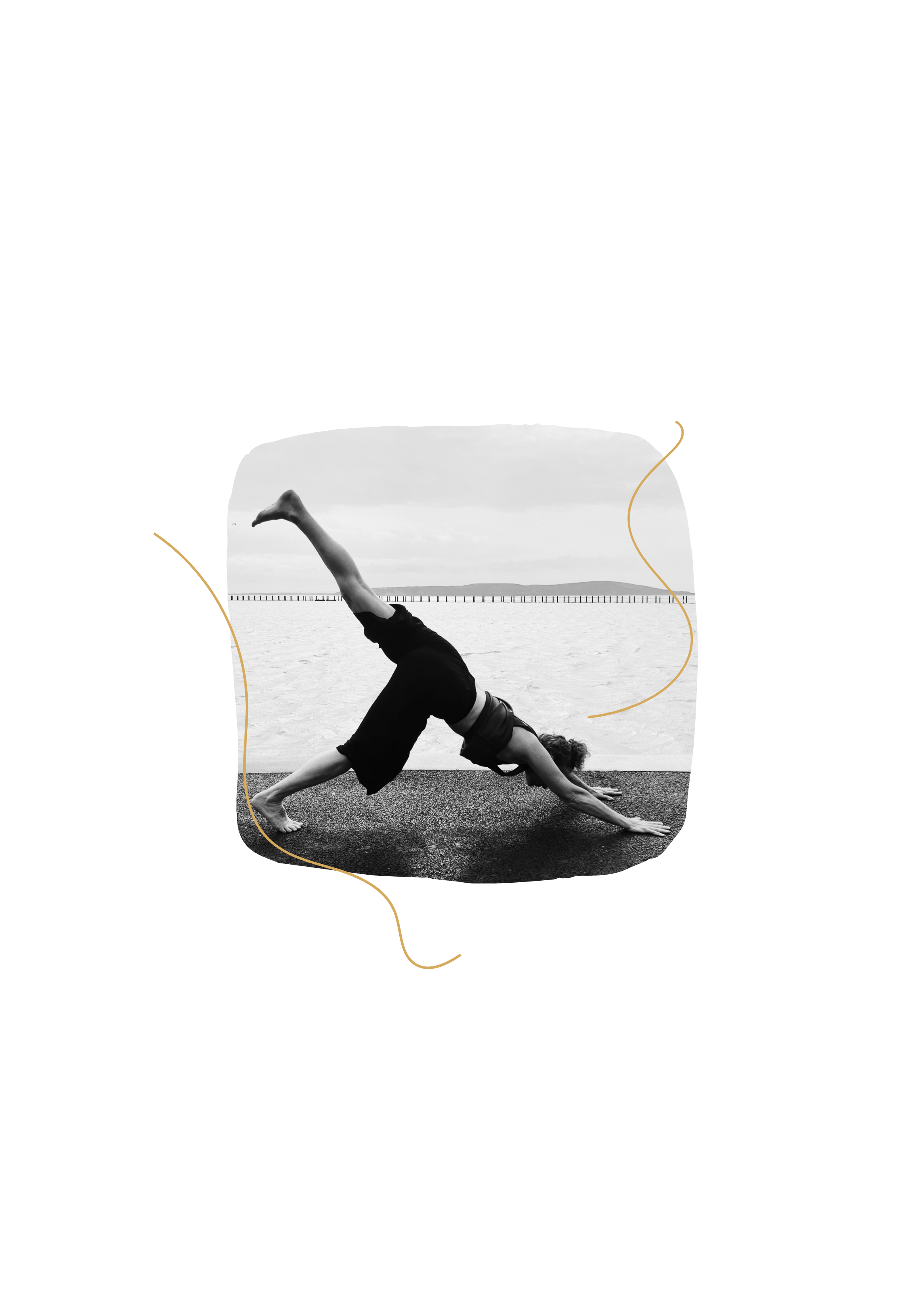 Jane of Heartsease performing a yoga move on the ground near a body of water with a bridge in the background.
