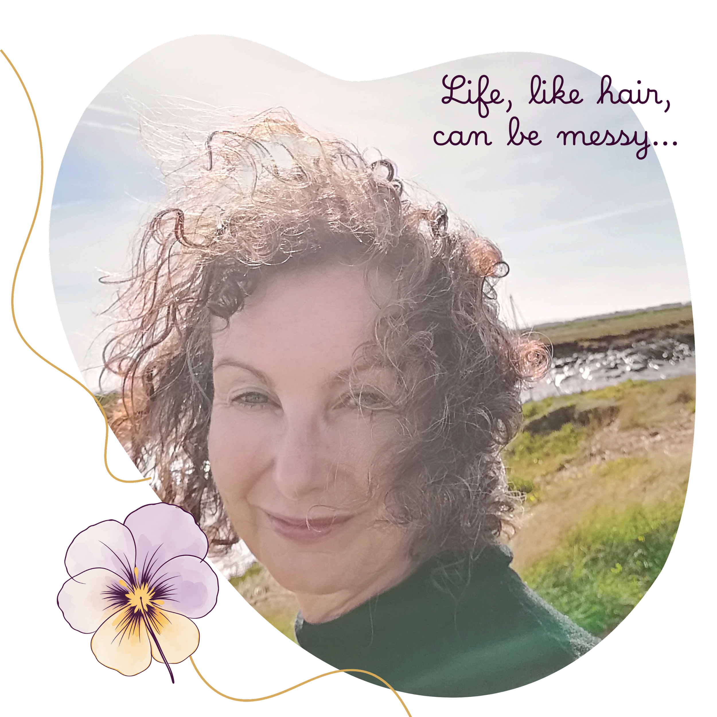 Jane of Heartsease with curly hair outdoors, smiling with her eye partially visible, clouds and open field in the background, decorated with illustrations of flowers and a quote.