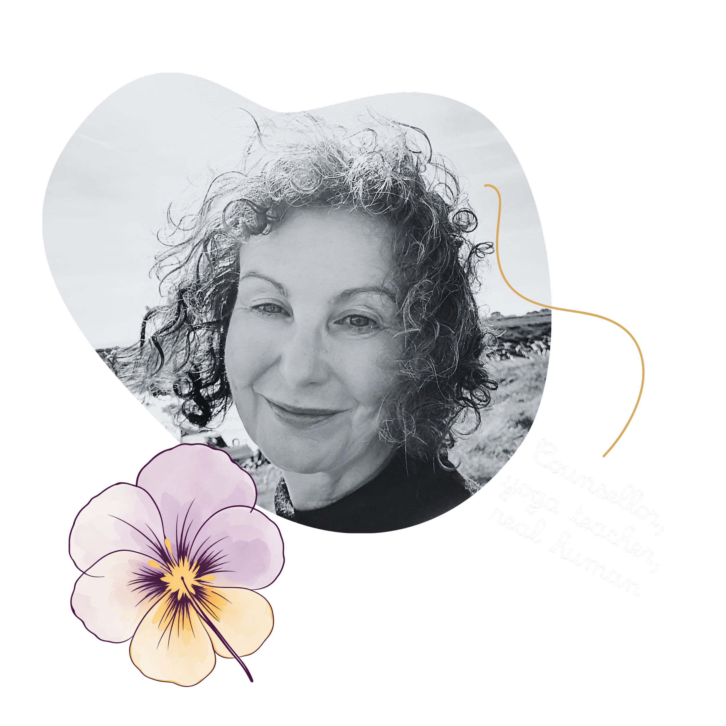 Jane of Heartsease with curly hair outdoors, with a black background, floral illustrations, and an inscription about yoga and mindfulness.