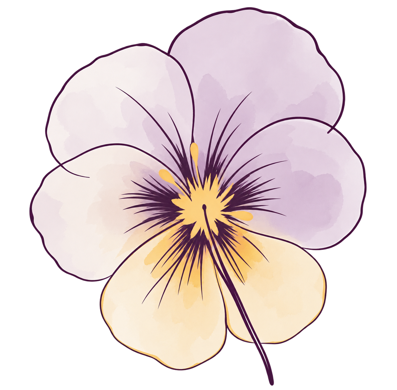 A watercolor-style illustration of a pansy flower with light purple and cream petals, dark purple veins, and yellow center stamens.