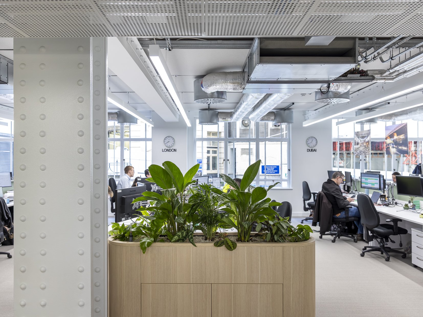 Modern office space with several employees working at desks with computers, a large green plant in a wooden planter in the foreground, large windows, clocks showing London and Dubai time, and exposed ceiling ductwork.